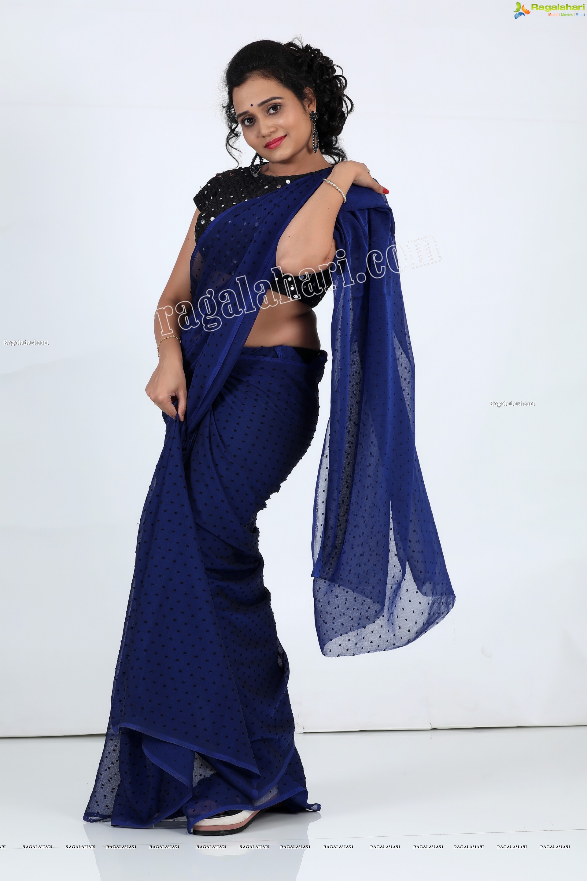 VJ Jaanu in Navy Blue Chiffon Saree Exclusive Photo Shoot