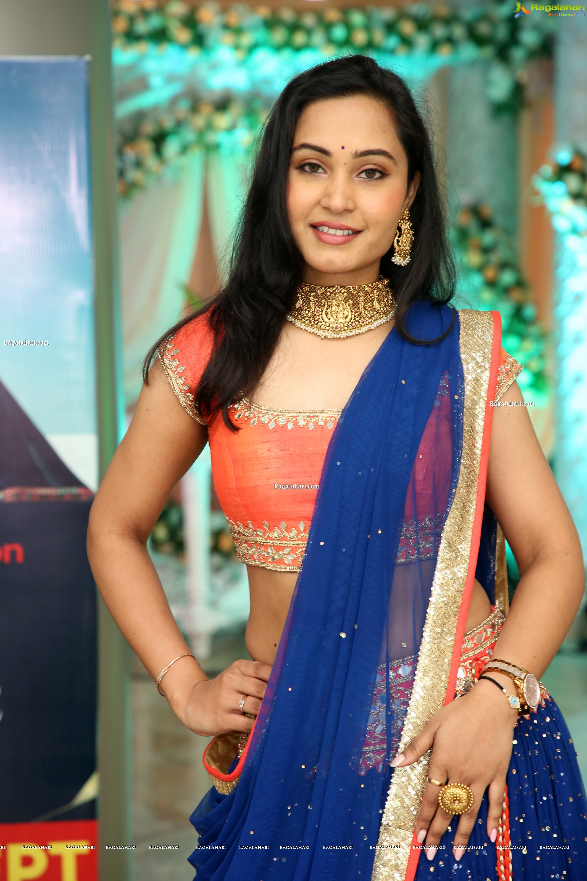 Vennela Amiga Stills in Blue and Orange Designer Lehenga Choli, HD Gallery