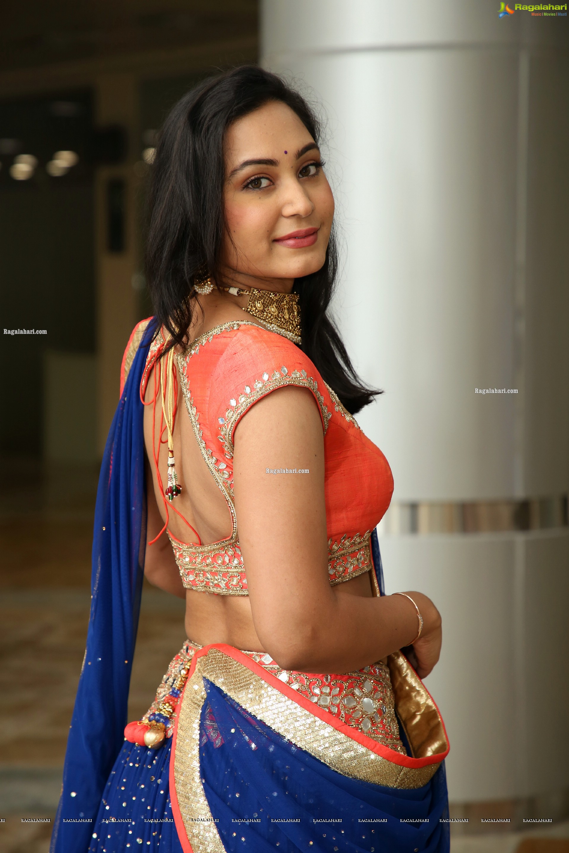 Vennela Amiga Stills in Blue and Orange Designer Lehenga Choli, HD Gallery