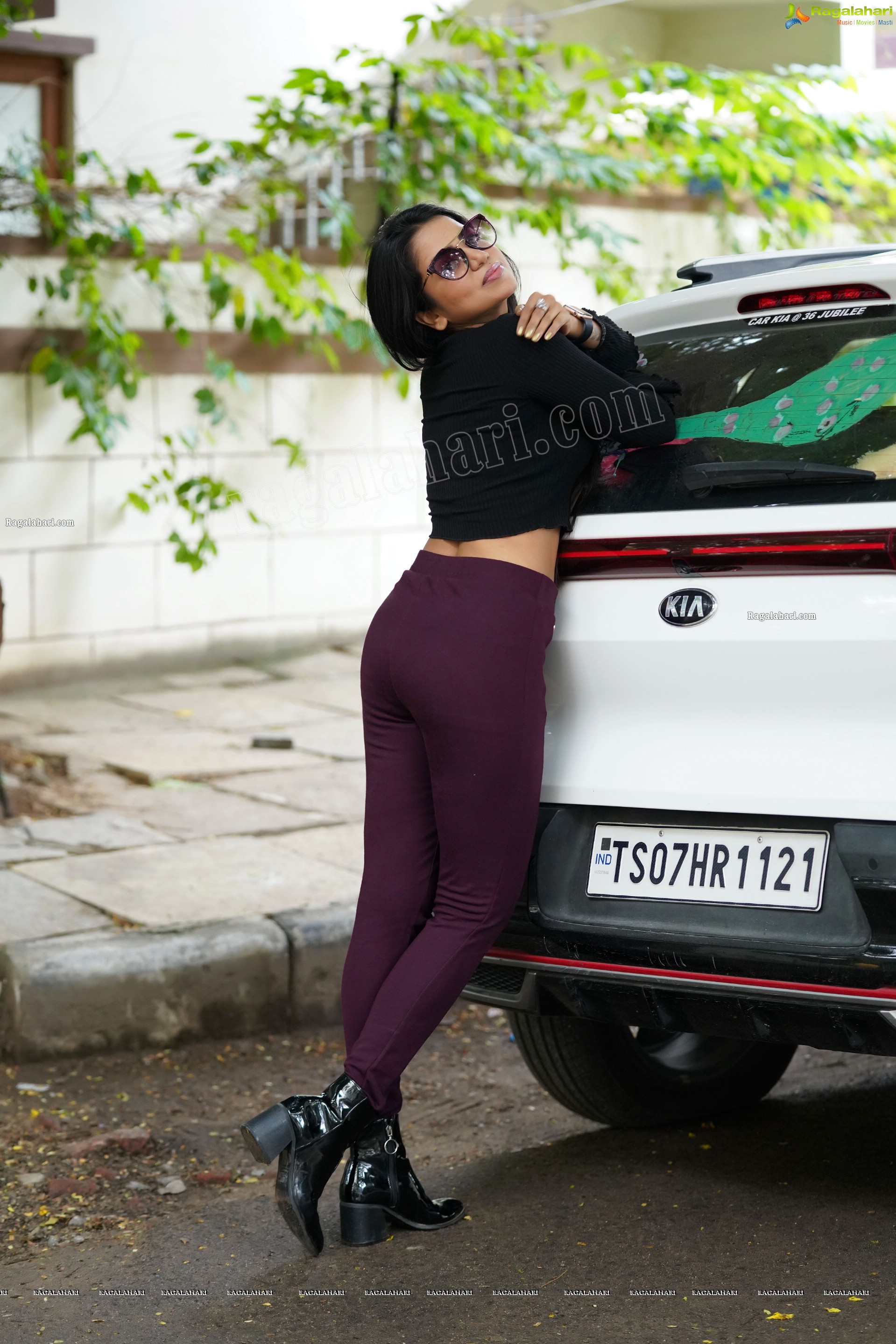 Bhavya Sri in Black Ribbed-Knit Crop Top and Treggings, Exclusive Photoshoot