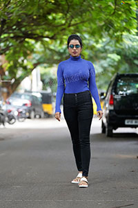 Bhavya Sri in Royal Blue Ribbed-Knit Turtleneck Top