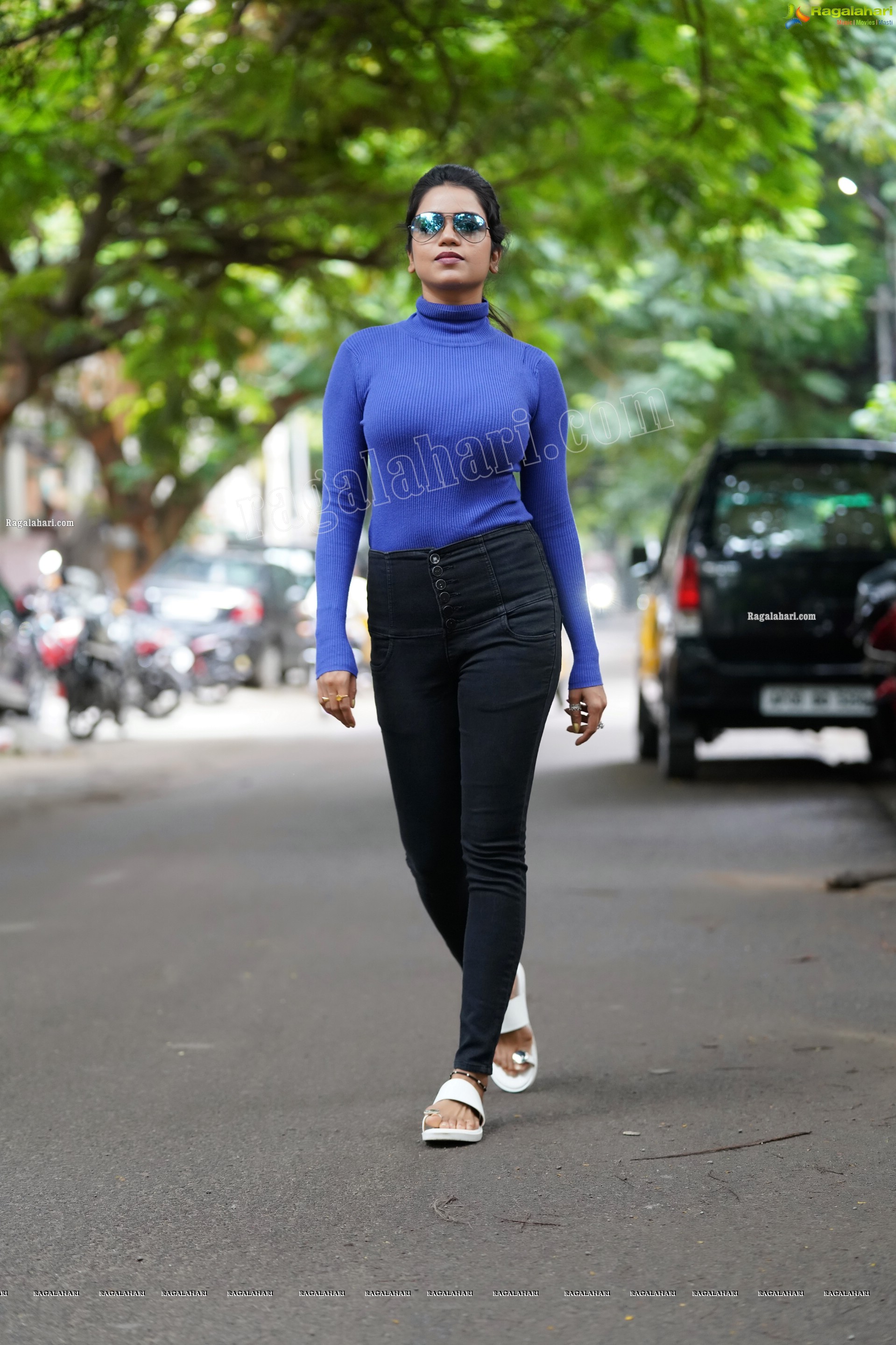 Bhavya Sri in Royal Blue Ribbed-Knit Turtleneck Top and Black Jeans, Exclusive Photoshoot