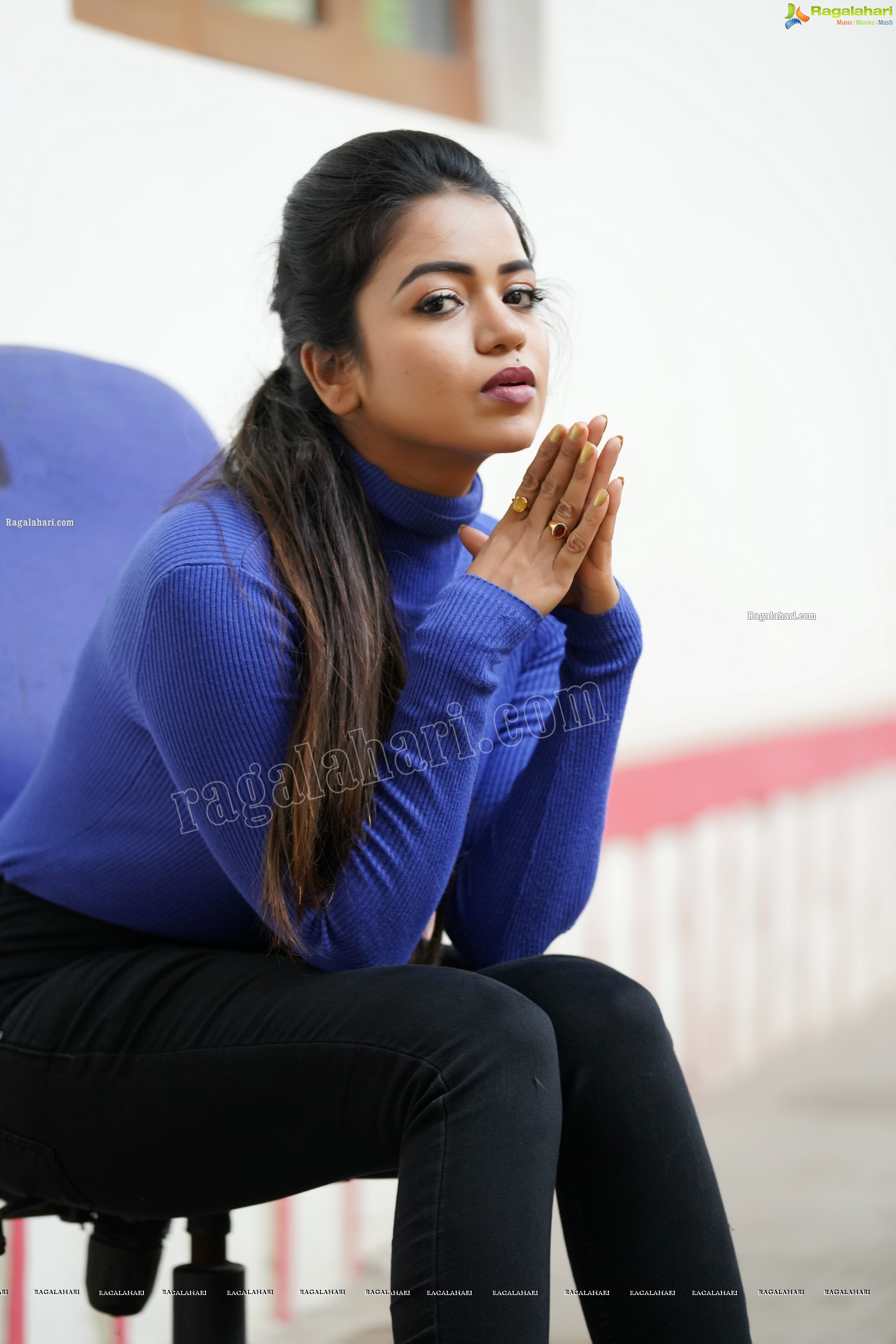 Bhavya Sri in Royal Blue Ribbed-Knit Turtleneck Top and Black Jeans, Exclusive Photoshoot