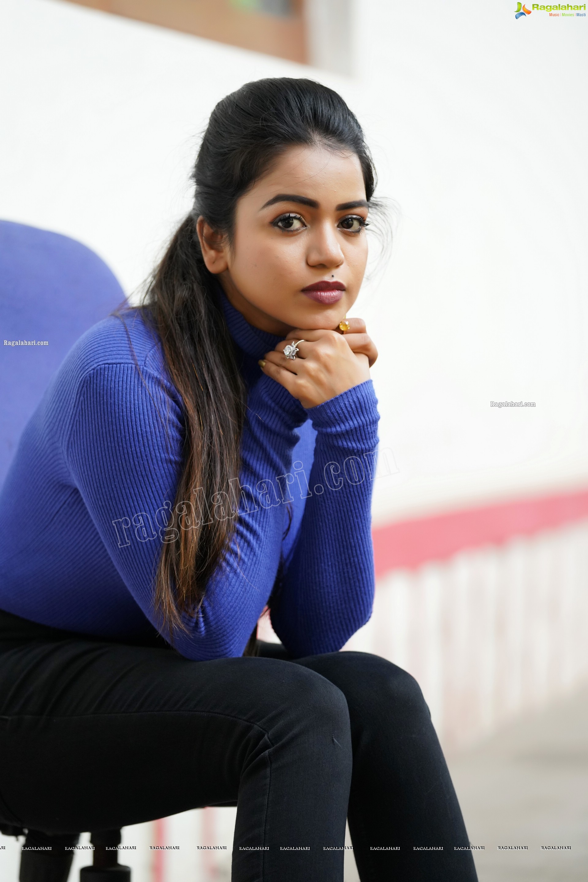 Bhavya Sri in Royal Blue Ribbed-Knit Turtleneck Top and Black Jeans, Exclusive Photoshoot
