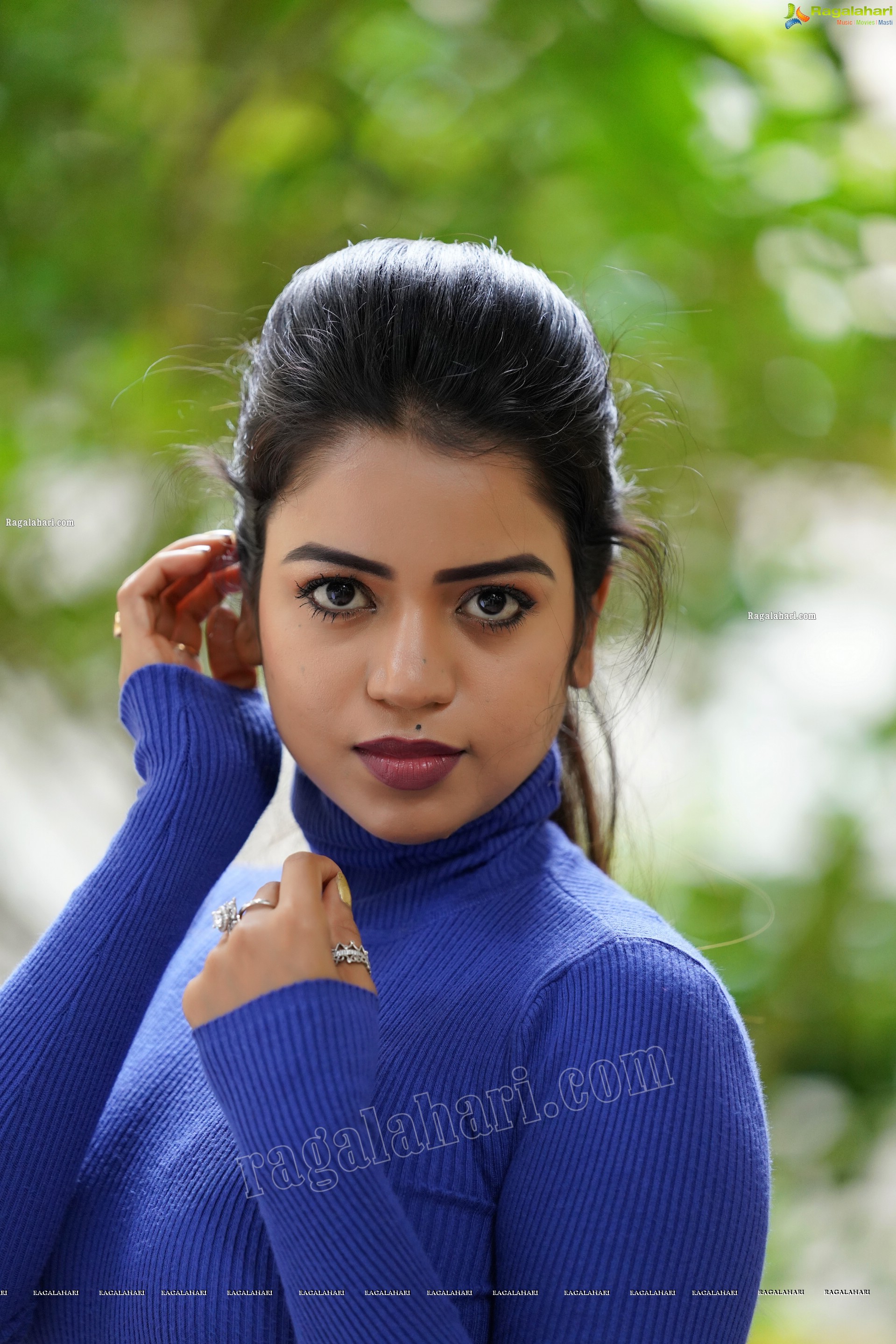 Bhavya Sri in Royal Blue Ribbed-Knit Turtleneck Top and Black Jeans, Exclusive Photoshoot