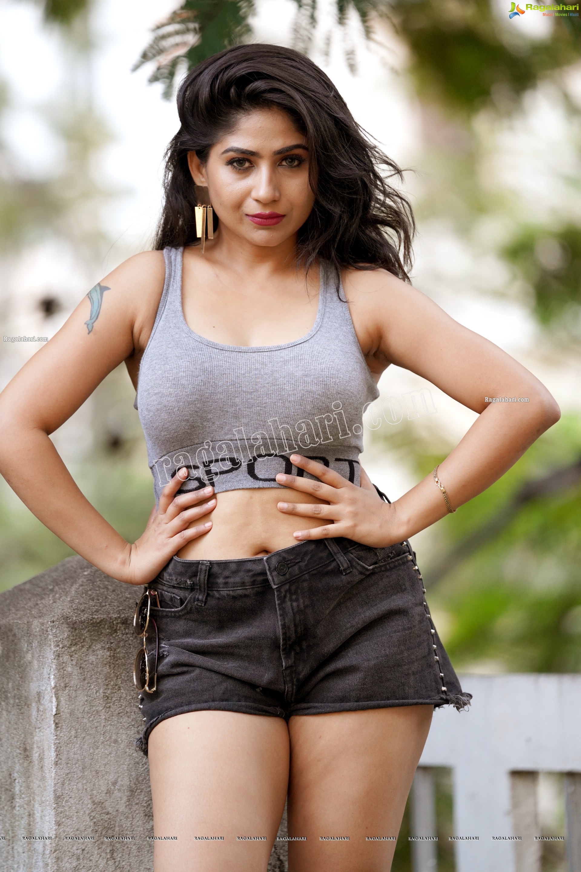 Madhulagna Das in Gray Crop Top and Black Denim Shorts, Exclusive Photoshoot