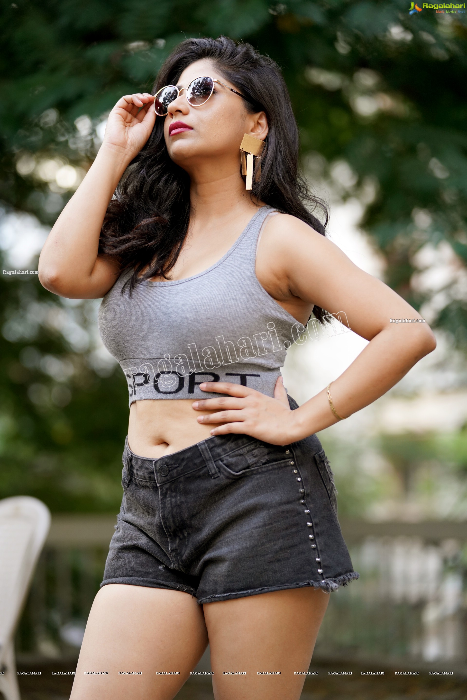 Madhulagna Das in Gray Crop Top and Black Denim Shorts, Exclusive Photoshoot