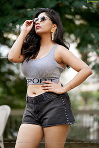 Madhulagna Das in Gray Crop Top and Black Denim Shorts