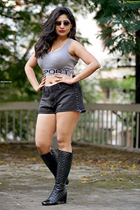 Madhulagna Das in Gray Crop Top and Black Denim Shorts