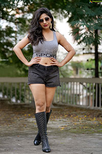 Madhulagna Das in Gray Crop Top and Black Denim Shorts