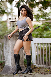 Madhulagna Das in Gray Crop Top and Black Denim Shorts