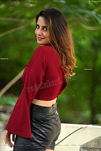 Tejal Tammali in Black Leather Mini Skirt and Red Top