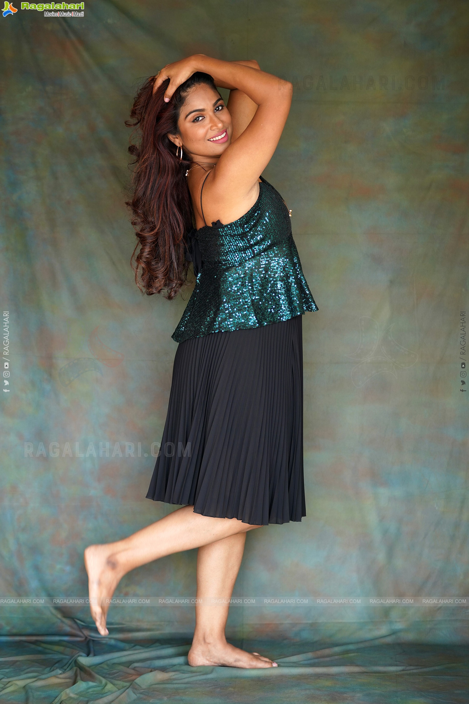 Vrushali Gosavi in Green Sequin Spaghetti Straps Peplum Top and Skirt Pleated Skirt, Exclusive Photoshoot