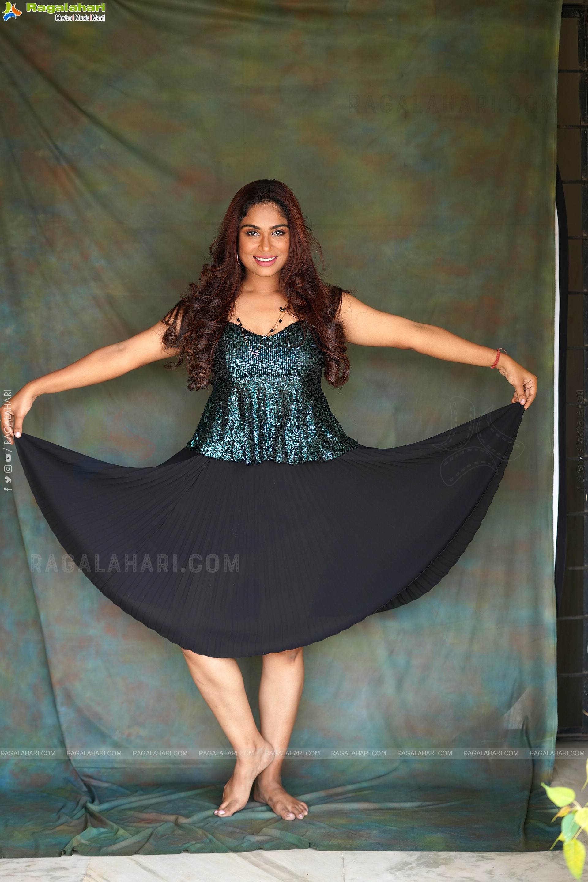 Vrushali Gosavi in Green Sequin Spaghetti Straps Peplum Top and Skirt Pleated Skirt, Exclusive Photoshoot