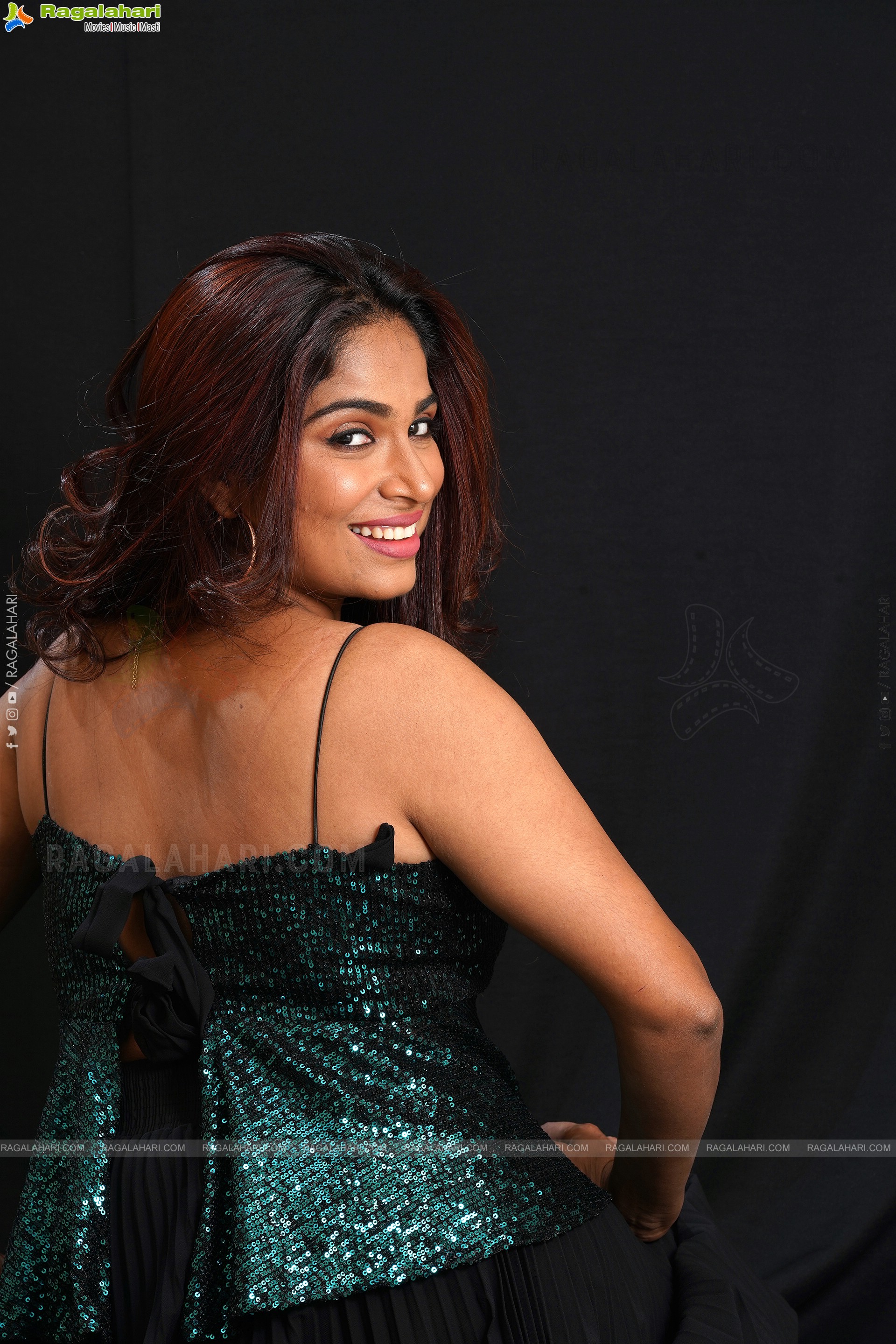 Vrushali Gosavi in Green Sequin Spaghetti Straps Peplum Top and Skirt Pleated Skirt, Exclusive Photoshoot